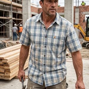 Carhartt mens Relaxed Fit gray Plaid Short Sleeve Shirt Button Down Size Large